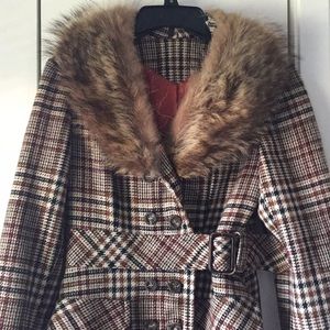 Vintage brown plaid fur collar coat